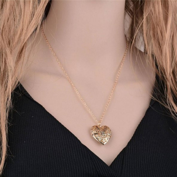 Fotoğraf Çerçeveli Kalp Kolye Gold Renk - 5