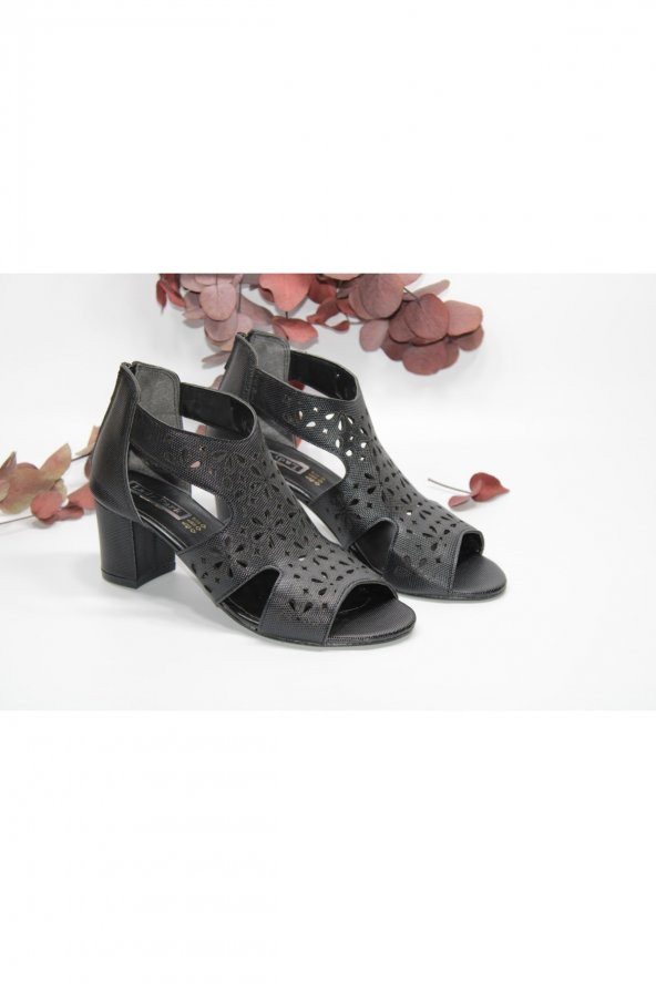 6 CM TOPUK BOYU ÖNÜ AÇIK ARKASI KAPALI ARKADAN FERMUARLI SİYAH GÜNLÜK ABİYE TOPUKLU SANDALET - 2