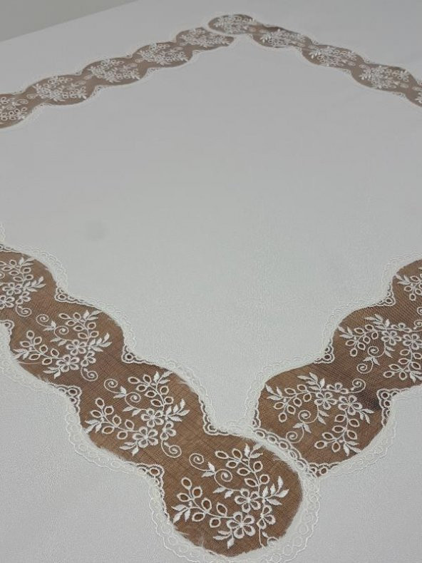 Finezza Bahar Lüx  Dantelli Krep Kumaş Krem Masa Örtüsü 170x330 cm - 1001 - 2