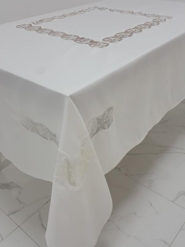 Finezza Bahar Lüx  Dantelli Krep Kumaş Krem Masa Örtüsü 170x330 cm - 1001 - 3