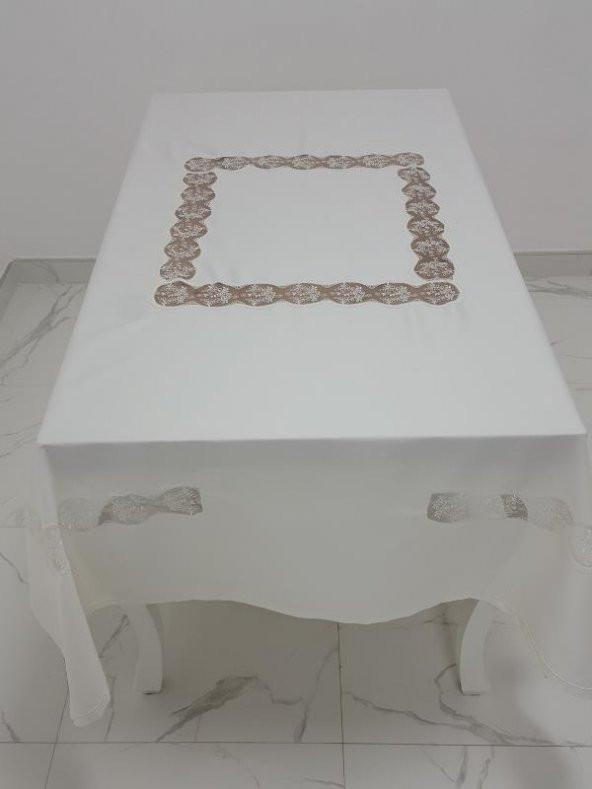 Finezza Bahar Lüx  Dantelli Krep Kumaş Krem Masa Örtüsü 170x330 cm - 1001 - 4
