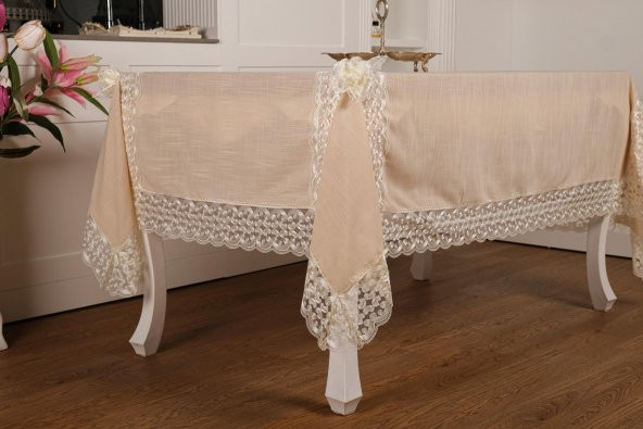 Finezza Fedora Lüx  Dantelli Keten Kumaş Koyu Krem Masa Örtüsü 170x230 cm - 1002 - 2