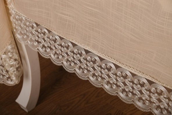 Finezza Fedora Lüx  Dantelli Keten Kumaş Koyu Krem Masa Örtüsü 170x230 cm - 1002 - 5