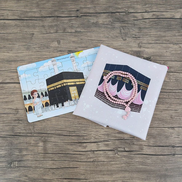 Çocuk Seccadesi Kabe Pembe & Kokulu Kalp İşlemeli Tesbih Bebek Pembesi & Hacca Gidiyorum Puzzle - 2