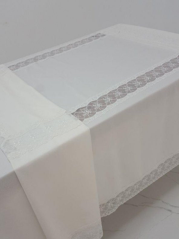 Finezza Sidal Lüx  Dantelli Krep Kumaş Krem Masa Örtüsü 170x330 cm - 1003 - 4