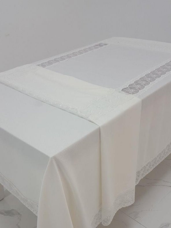 Finezza Sidal Lüx  Dantelli Krep Kumaş Krem Masa Örtüsü 170x330 cm - 1003 - 5