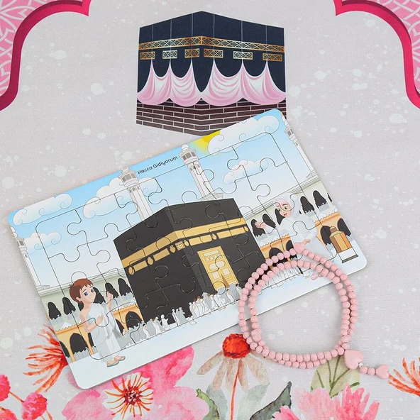 Çocuk Seccadesi Kabe Pembe & Kokulu Kalp İşlemeli Tesbih Bebek Pembesi & Hacca Gidiyorum Puzzle - 4