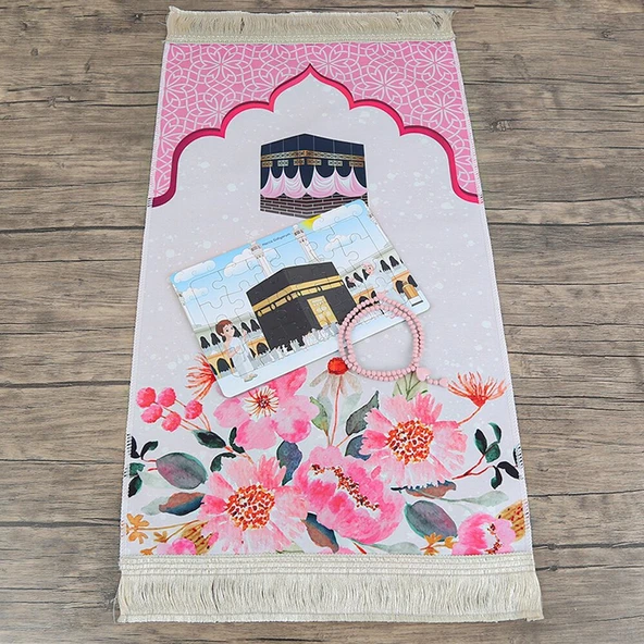Çocuk Seccadesi Kabe Pembe & Kokulu Kalp İşlemeli Tesbih Bebek Pembesi & Hacca Gidiyorum Puzzle - 3