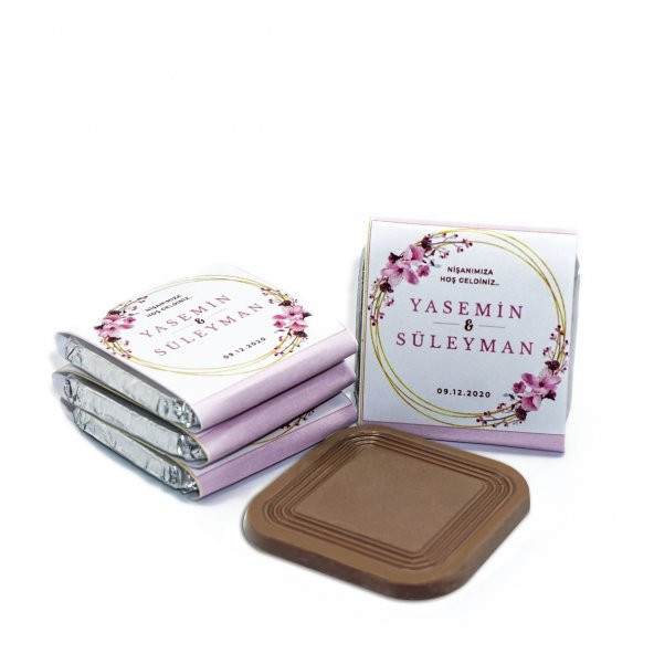 İsme Özel Söz Nişan Çikolatası 72 Adet Madlen Pembe Çiçekli - 2