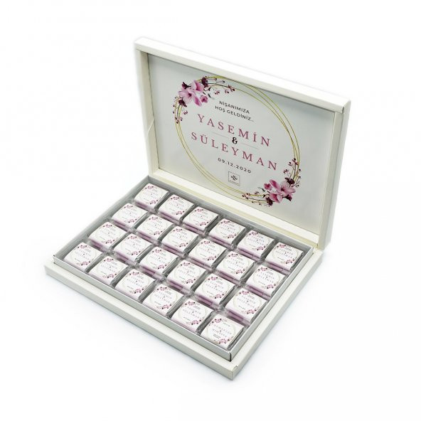 İsme Özel Söz Nişan Çikolatası 72 Adet Madlen Pembe Çiçekli