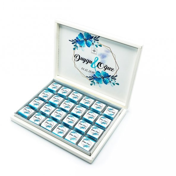 İsme Özel Söz Nişan Çikolatası 72 Adet Madlen Mavi Çiçekli