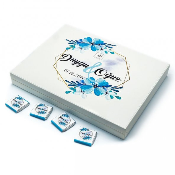 İsme Özel Söz Nişan Çikolatası 72 Adet Madlen Mavi Çiçekli - 3