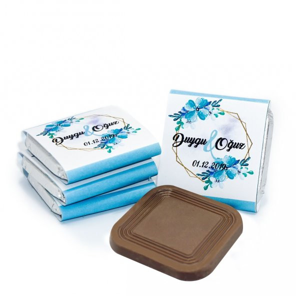 İsme Özel Söz Nişan Çikolatası 72 Adet Madlen Mavi Çiçekli - 4