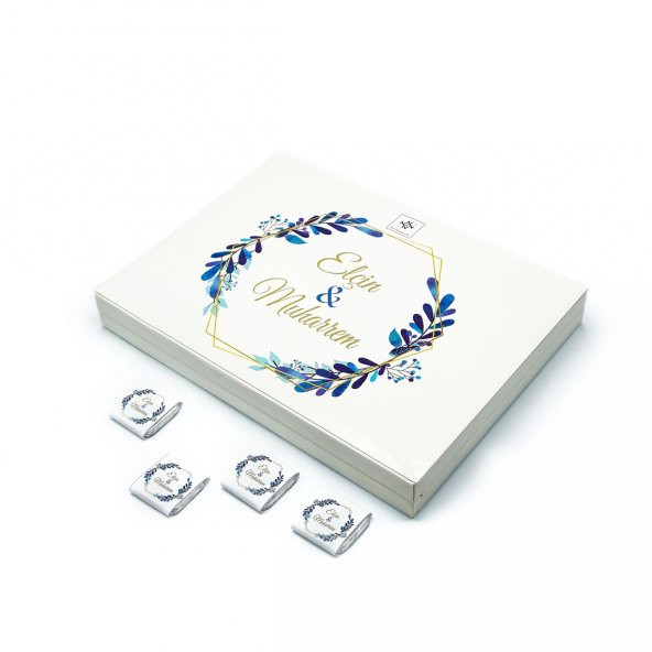 İsme Özel Söz Nişan Çikolatası 72 Adet Madlen Mavi Yapraklar - 2