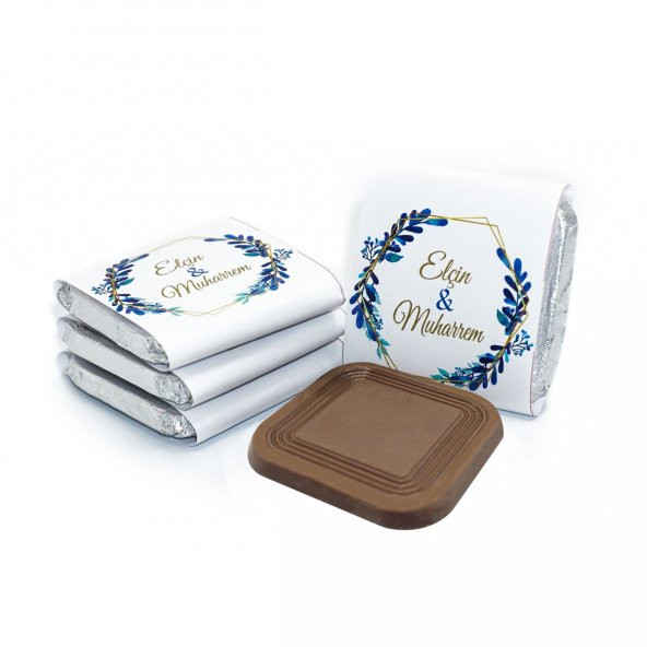 İsme Özel Söz Nişan Çikolatası 72 Adet Madlen Mavi Yapraklar - 4