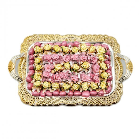 Altın Tepside Pembe Gül Dekorlu Söz Nişan Tepsisi 850g - 3