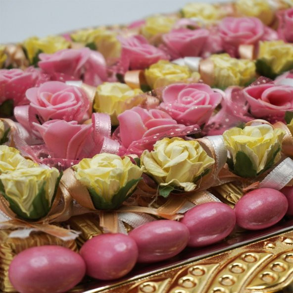 Altın Tepside Pembe Gül Dekorlu Söz Nişan Tepsisi 850g - 4