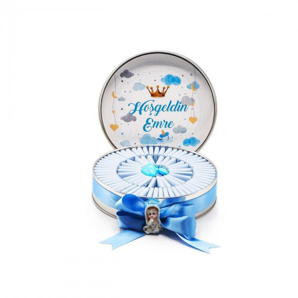 Nin Erkek Bebek Çikolatası Metal Yuvarlak Kutu Kral Tacı Baskılı (80 Adet Napoliten Çikolata) ürün görseli 1