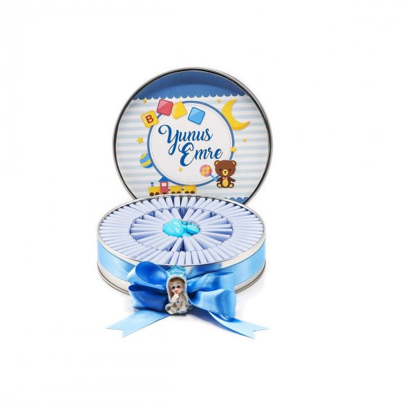 Nin Erkek Bebek Çikolatası Metal Yuvarlak Kutu Mavi Ayıcık Baskılı (80 Adet Napoliten Çikolata)