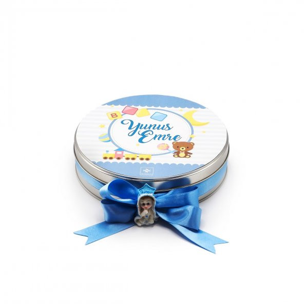 Nin Erkek Bebek Çikolatası Metal Yuvarlak Kutu Mavi Ayıcık Baskılı (80 Adet Napoliten Çikolata) - 2