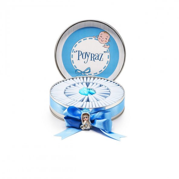 Nin Erkek Bebek Çikolatası Metal Yuvarlak Kutu Mavi Çizgi Baskılı (80 Adet Napoliten Çikolata)