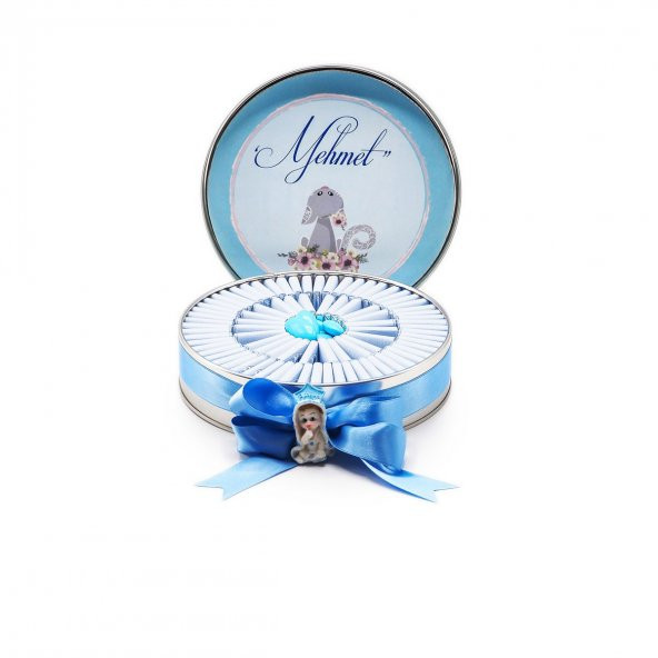 Nin Erkek Bebek Çikolatası Metal Yuvarlak Kutu Mavi Kedi Baskılı (80 Adet Napoliten Çikolata)