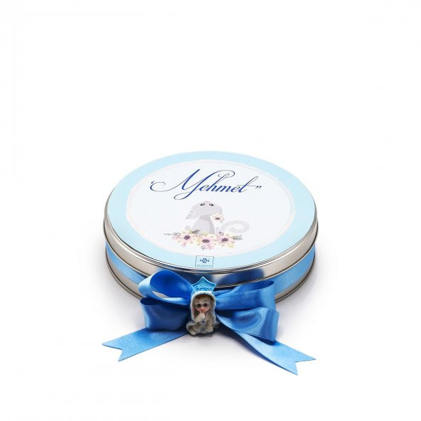 Nin Erkek Bebek Çikolatası Metal Yuvarlak Kutu Mavi Kedi Baskılı (80 Adet Napoliten Çikolata) - 2