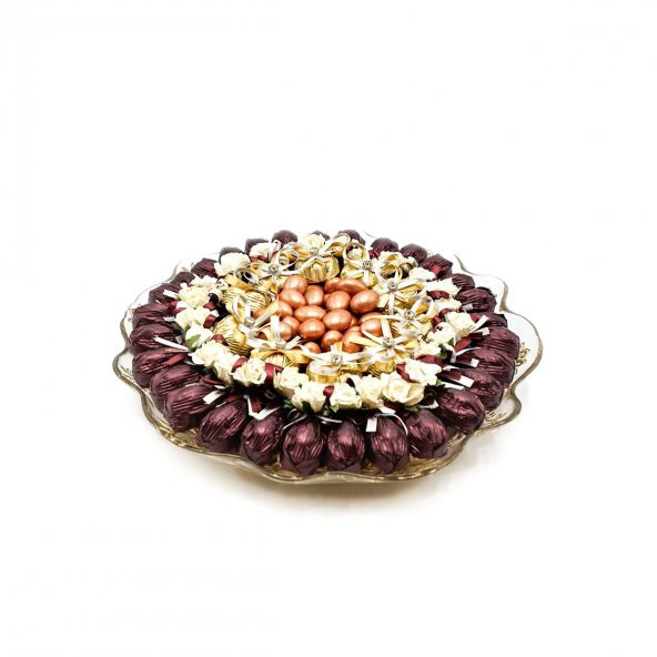 Cam Tepside Yaldızlı Dekorlu Çikolata Söz Nişan Tepsisi 1000g - 5