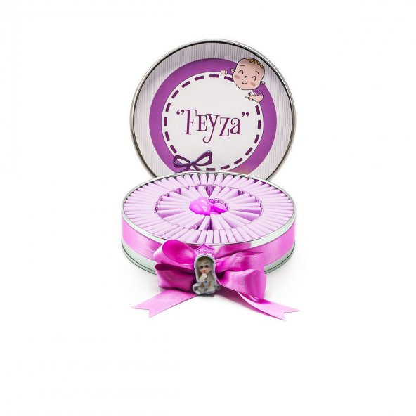 Nin Kız Bebek Çikolatası Metal Yuvarlak Kutu Mor Kurdela Baskılı (80 Adet Napoliten Çikolata)