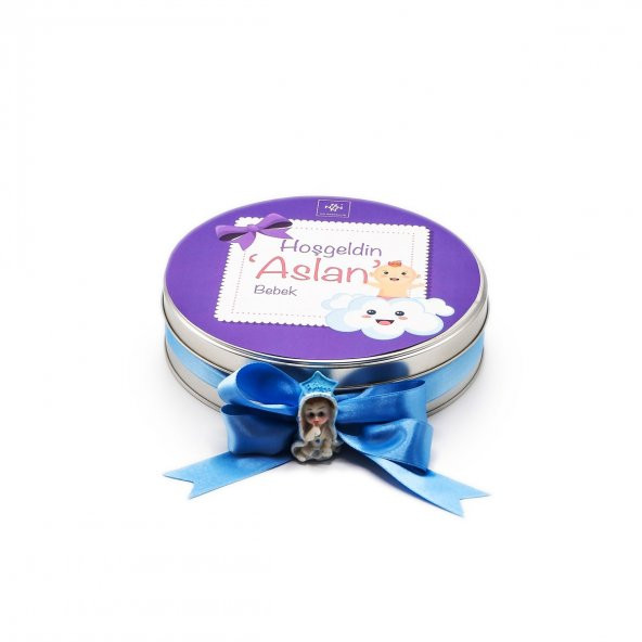 Nin Erkek Bebek Çikolatası Metal Yuvarlak Kutu Mor Baskılı (80 Adet Napoliten Çikolata) - 2