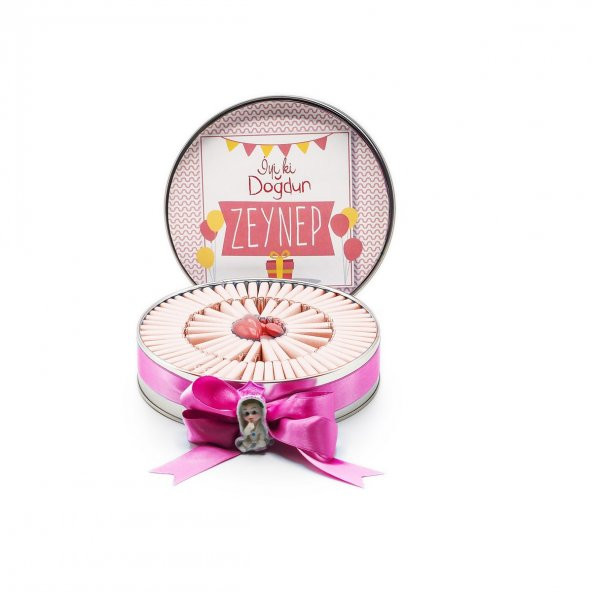 Nin Kız Bebek Çikolatası Metal Yuvarlak Kutu Pembe Balon Baskılı (80 Adet Napoliten Çikolata) ürün görseli 1