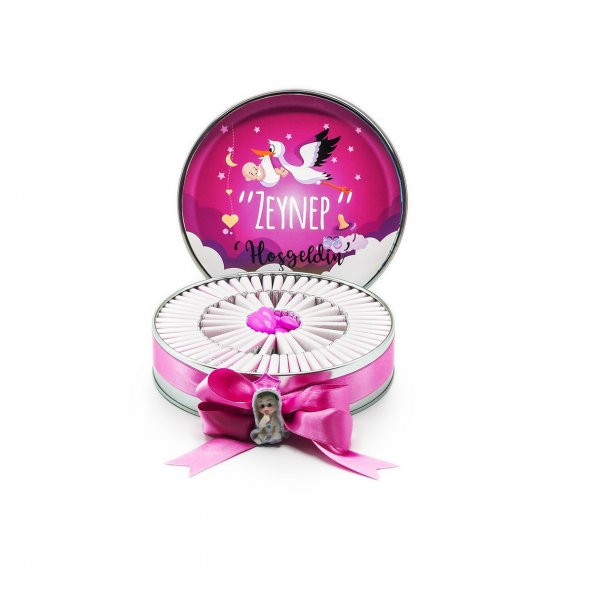 Nin Kız Bebek Çikolatası Metal Yuvarlak Kutu Pembe Leylek Baskılı (80 Adet Napoliten Çikolata)