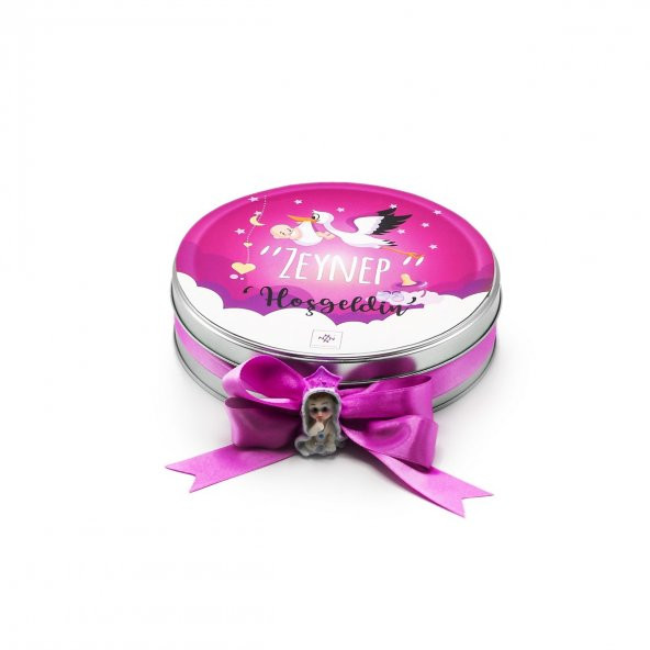 Nin Kız Bebek Çikolatası Metal Yuvarlak Kutu Pembe Leylek Baskılı (80 Adet Napoliten Çikolata) - 2