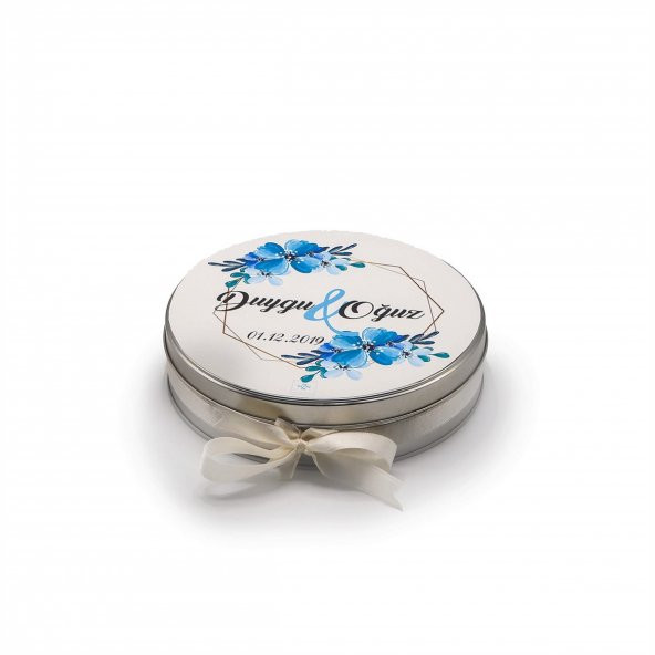 Nin Söz ve Nişan Çikolatası Metal Yuvarlak Kutu Mavi Çiçek Baskılı (80 Adet Napoliten Çikolata) - 2