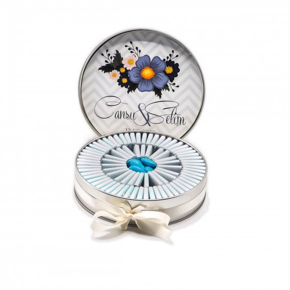 Nin Söz ve Nişan Çikolatası Metal Yuvarlak Kutu Çiçek Baskılı (80 Adet Napoliten Çikolata)