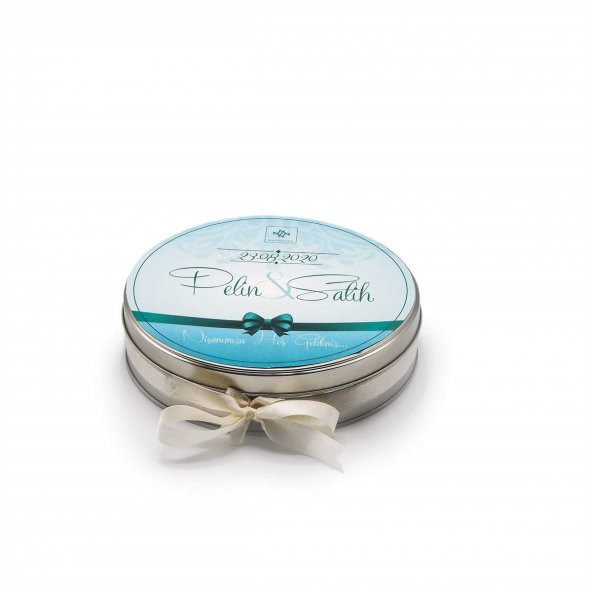 Nin Söz ve Nişan Çikolatası Metal Yuvarlak Kutu Mavi Kurdela Baskılı (80 Adet Napoliten Çikolata) - 2