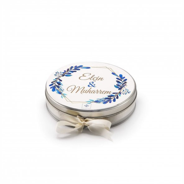 Nin Söz ve Nişan Çikolatası Metal Yuvarlak Kutu Mavi Yaprak Baskılı (80 Adet Napoliten Çikolata) - Resim 2