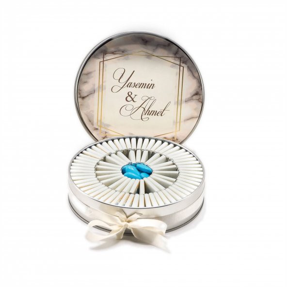 Nin Söz ve Nişan Çikolatası Metal Yuvarlak Kutu Mermer Baskılı (80 Adet Napoliten Çikolata)