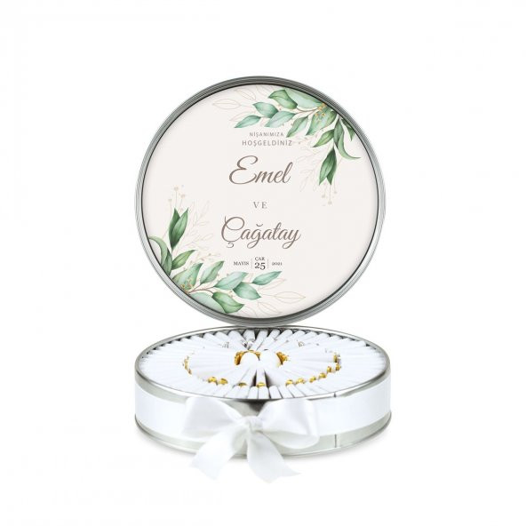 Metal Kutu Söz Nişan Çikolatası Beyaz Yeşil Krem( (80 Adet Napoliten Çikolata)