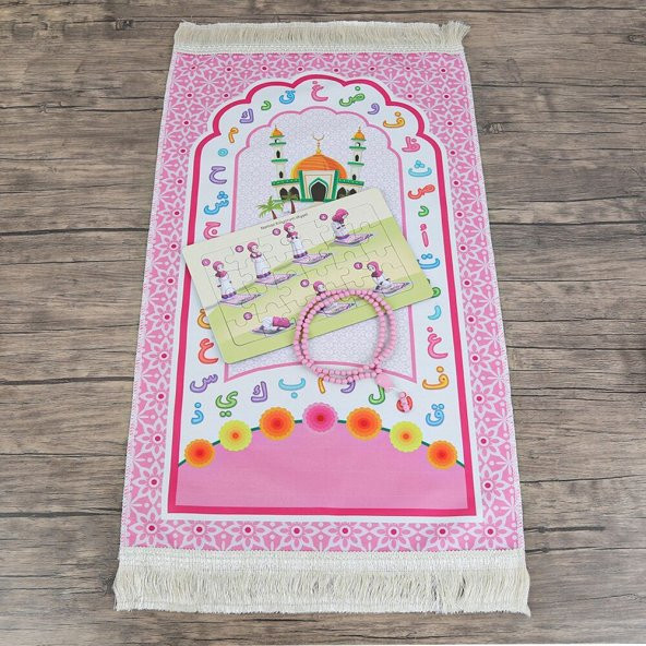 Çocuk Seccadesi Aksa Pembe & Kokulu Tesbih Lale İşlemeli Bebek Pembesi & Ayşe Namaz Kılıyor Puzzle - 2