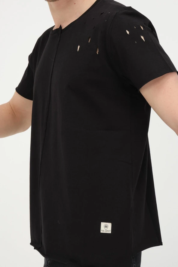 Erkek Yırtık Detaylı Asimetrik Pamuklu Kısa Kollu T-shırt - 7