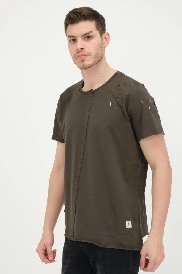 Erkek Yırtık Detaylı Asimetrik Pamuklu Kısa Kollu T-shırt - 11