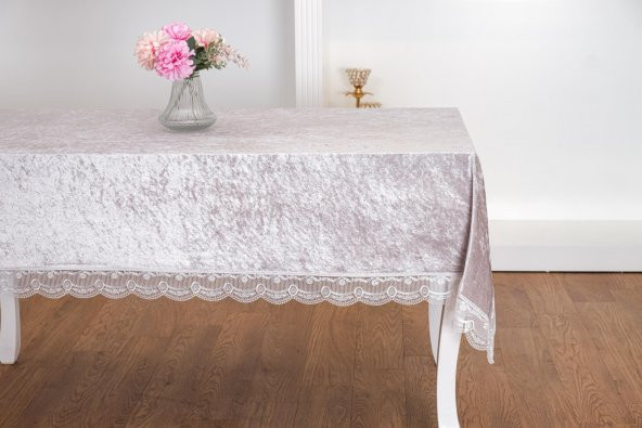 Finezza Pera Lüx  Dantelli Kadife Kumaş Gümüş Masa Örtüsü 160x220 cm - 1010 - 2