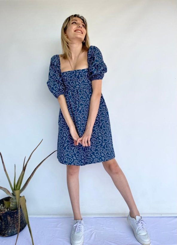 Kadın Çiçek Desenli Kare Yaka Elbise Lacivert - 2