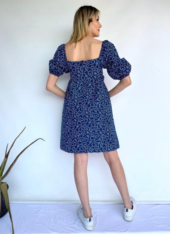 Kadın Çiçek Desenli Kare Yaka Elbise Lacivert - 4