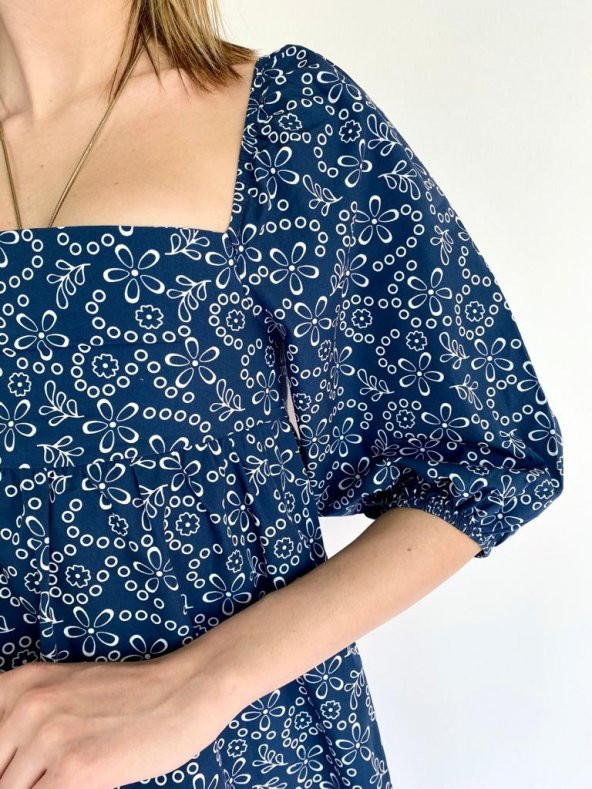 Kadın Çiçek Desenli Kare Yaka Elbise Lacivert - 5