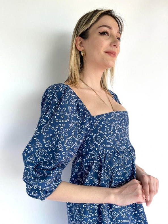 Kadın Çiçek Desenli Kare Yaka Elbise Lacivert - 6