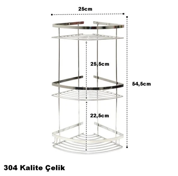 Geseus Paslanmaz Üç Gözlü Banyo Köşe Rafı Şampuanlık 304 Kalite Paslanmaz Çelik-GNRL2020 - 3