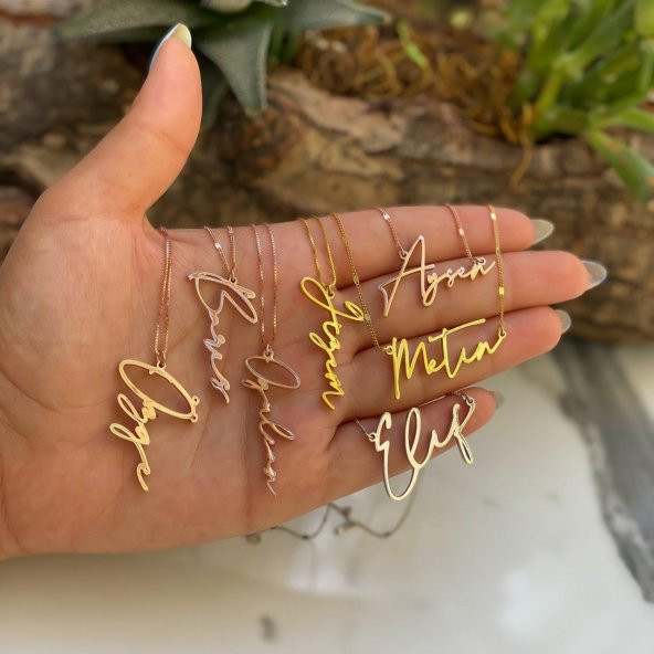 İsimli Dikey İmza Altın Gold 925 Ayar Gümüş Zincir Kolye Kişiye Özel Tasarım - 2
