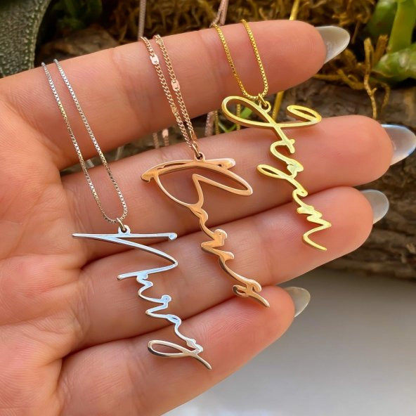 İsimli Dikey İmza Altın Gold 925 Ayar Gümüş Zincir Kolye Kişiye Özel Tasarım - 3